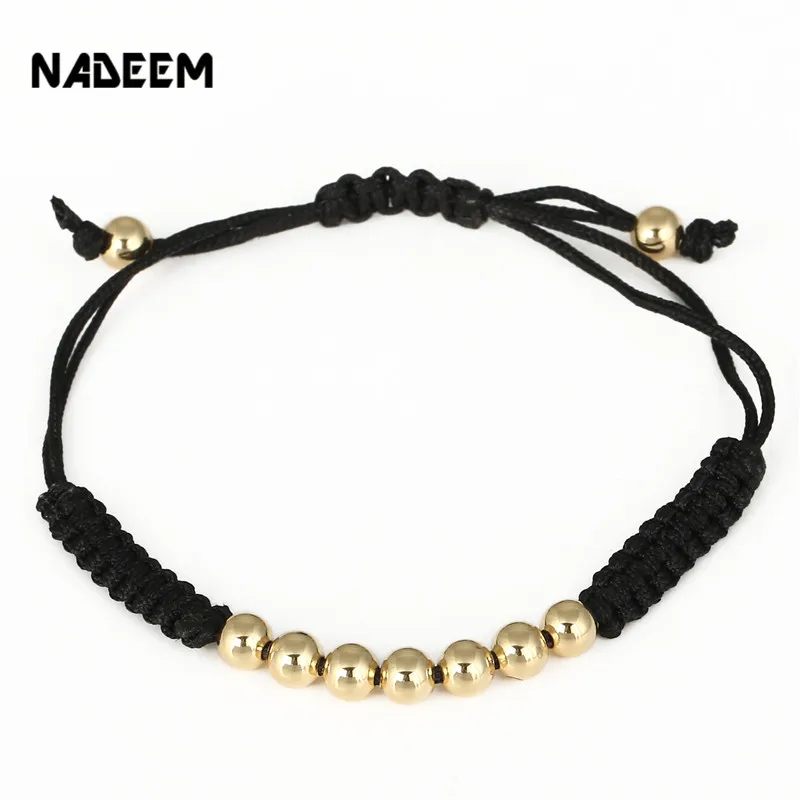 

Newest Knitted String Black Rope Macrame Bracelet 5mm Gold Color Copper Bead Charm Braided Bracelet for Women Girls Jewelry Gift