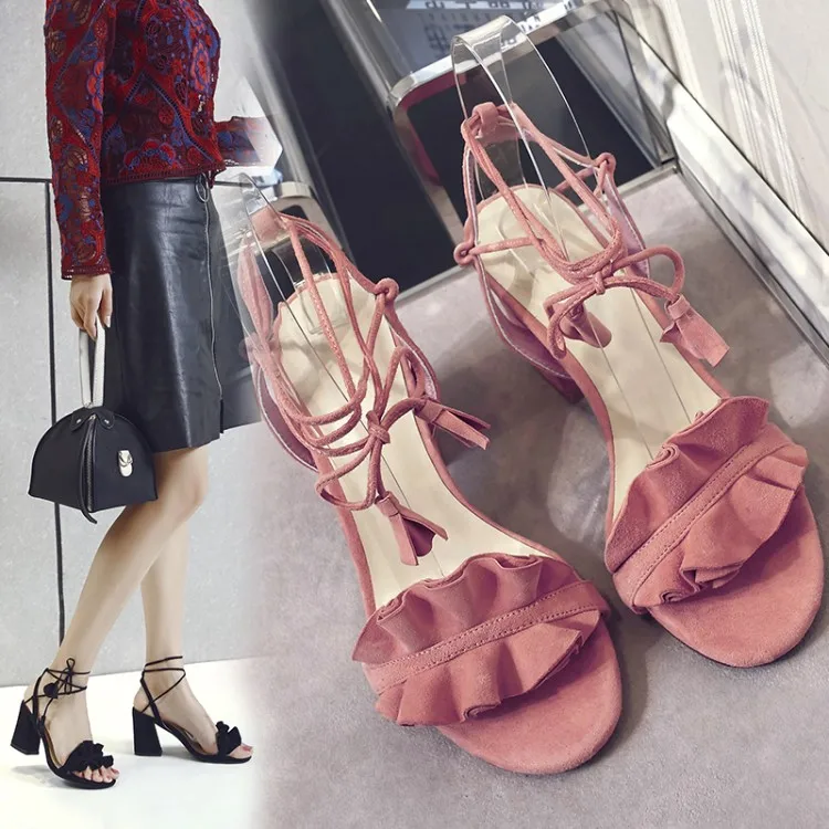 Gladiador Mujeres Hasta Nueva Sandalias Mujer Bombas Slingback Verano Tacones Playa Ruffles Encaje Zapatos Chunky Borla 5ptqBHwgH