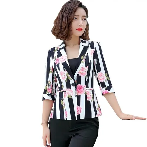 Great Value 2020 Spring Korean Version Women Stripe Printed Small Suit New Style Summer One Button Female Fashion Leisure Temperament Tops