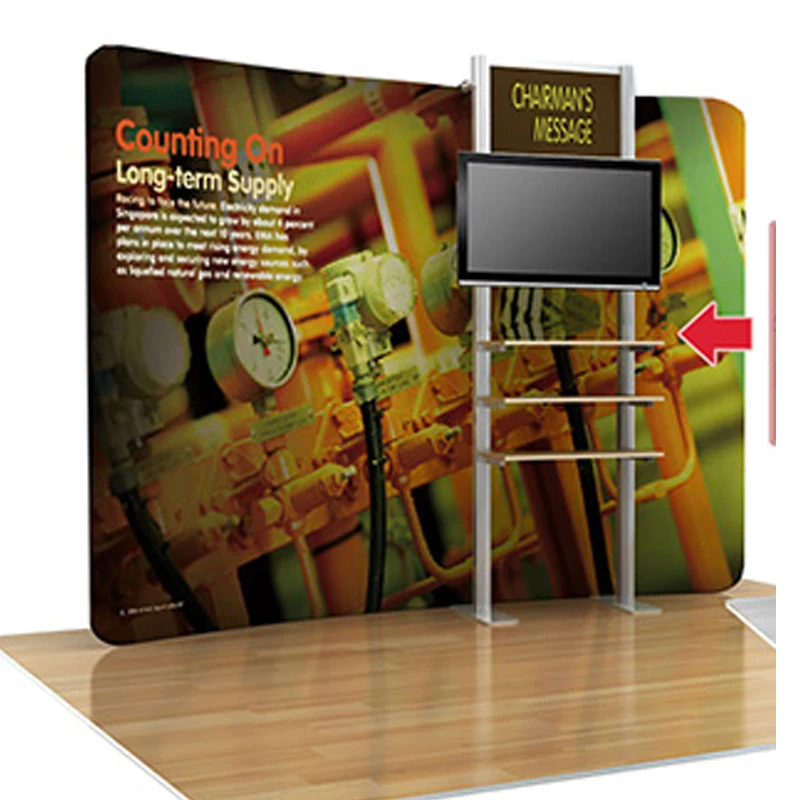 

Portable 10ft Curved Fabric Trade Show Display Pop Up Booth with TV Mount Product Shelf Exhibits