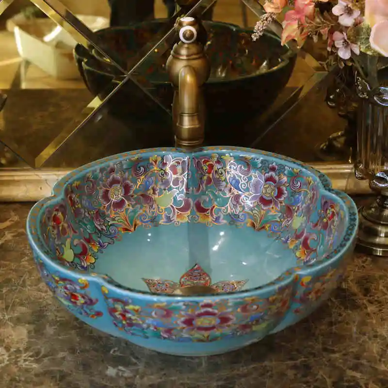 Flower shape Europe style chinese washbasin sink Jingdezhen Art Counter Top ceramic bathroom sink (2)