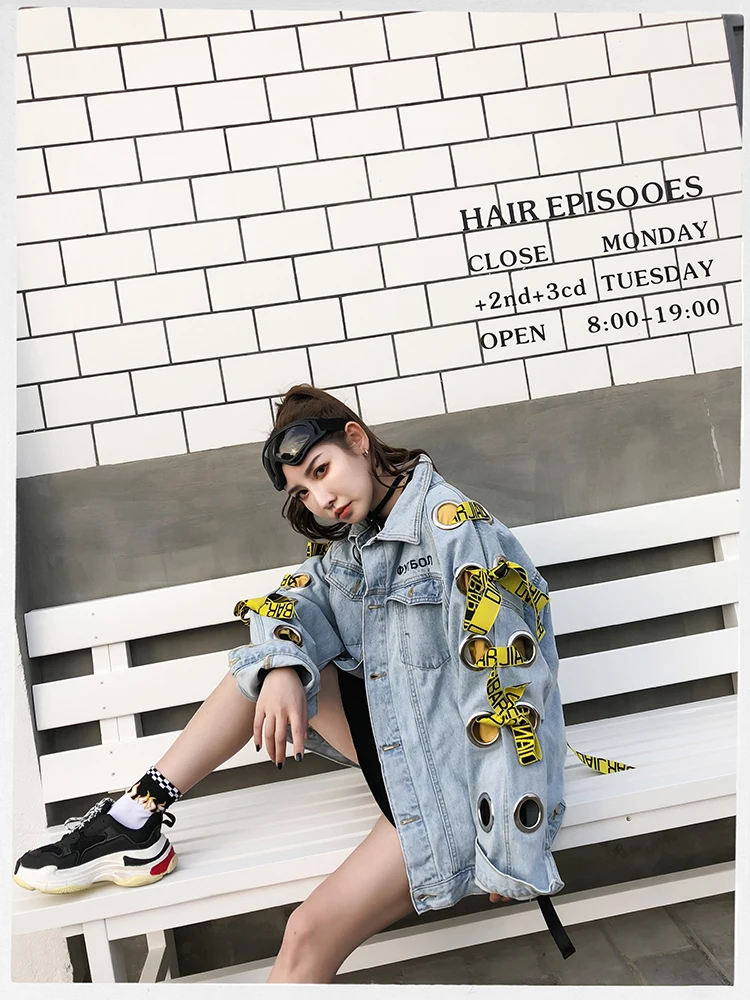 ZURICHOUSE Punk Denim Jacket Women Personality Hollow Out Metal Ring Bandage Oversized Ladies Jeans Jackets Coas