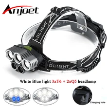Anjoet 3XML-T6 белый 2XPE синий светодиодный 5 Режим налобный фонарь 20000lm USB power перезаряжаемый налобный фонарь передняя фара
