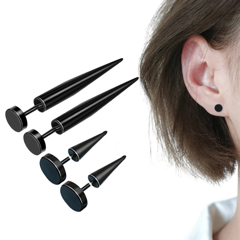 

4Pcs Black Stud Earrings For Men Jewelry Stainless Steel Punk Hip Hop Long Short Needle Tip Spike Taper Decorate Accessories