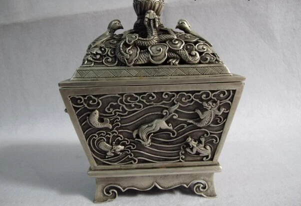 

Elegant old S0713 7.5 Chinese bronze silver-gilt Dragon phenix foo dog beast censer incense burner statue