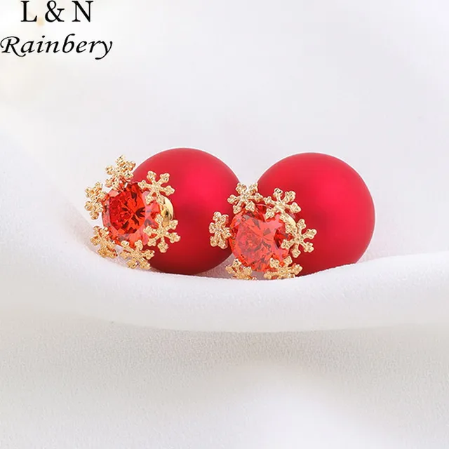 Rainbery Fashion Double Sides Simulated Red Pearl Earrings Brand Rainbery Fashion Double Sides Simulated Red Pearl Earrings Brand Gold Color Snowflake Crystal Stud Earring Jewelry