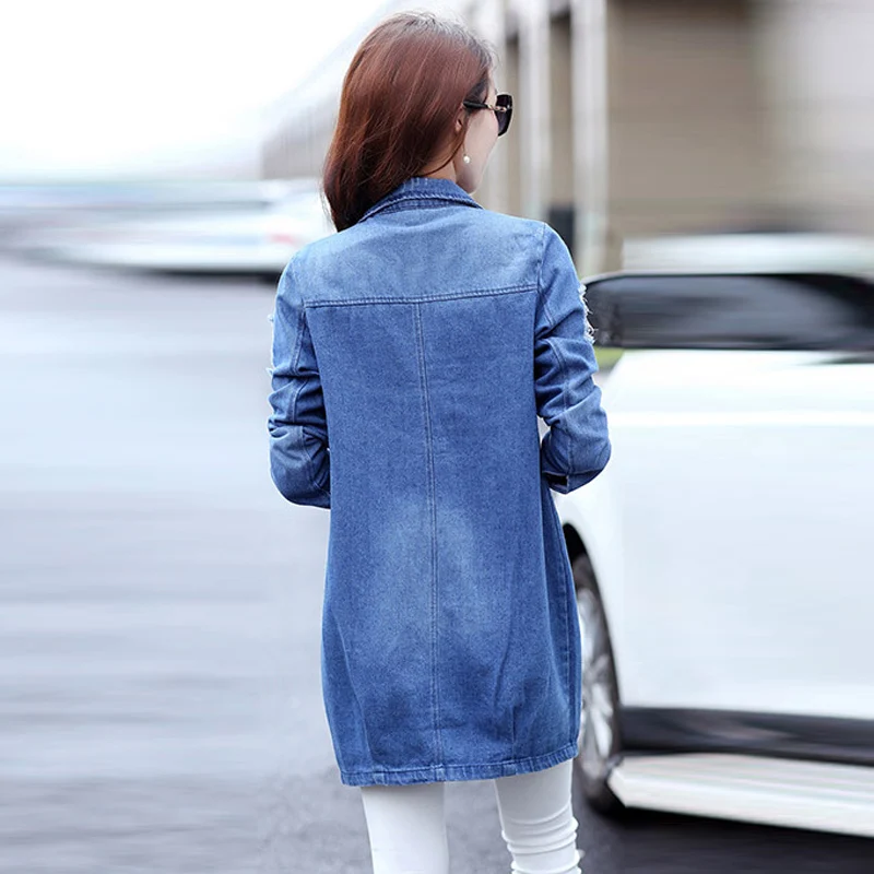Длинная джинсовая куртка, Женская винтажная тонкая Осенняя зимняя верхняя одежда, модная однобортная куртка-бомбер, пальто размера плюс 5XL