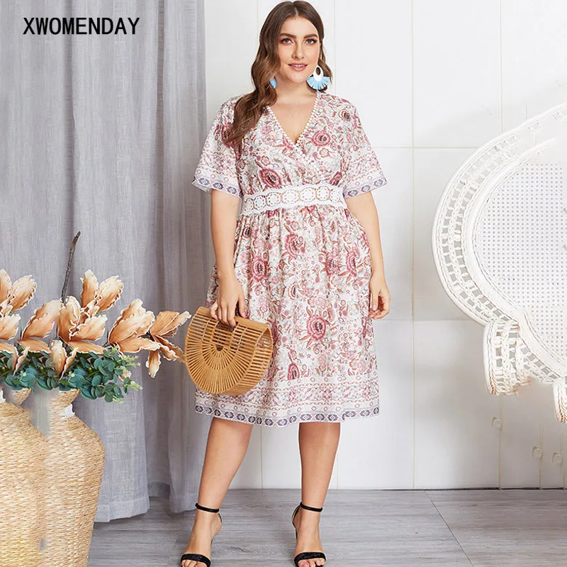 

Women 4XL Plus Size Dress Summer Floral Print Large Size Female Dresses Short Sleeve V Neck Knee-Length Casual Boho Vestidos
