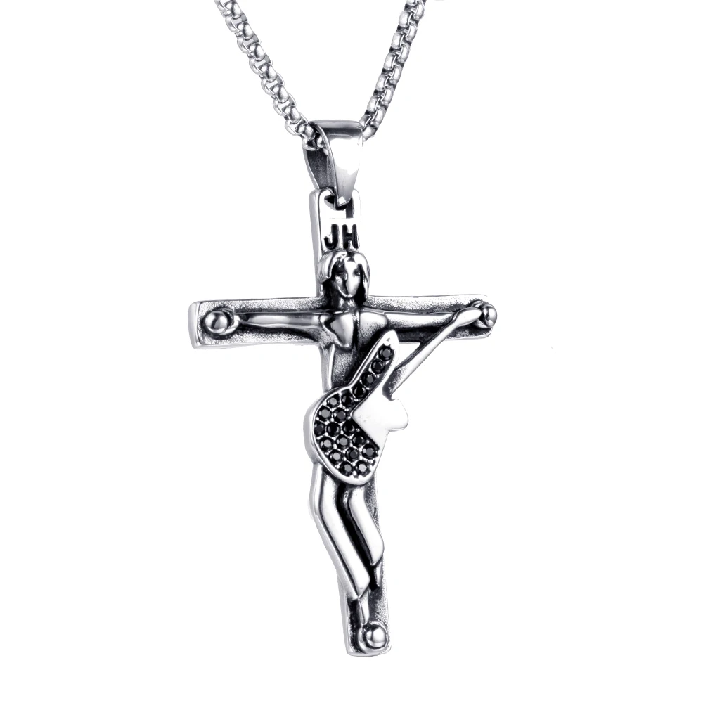 

Johnny Hallyday guitar cross pendant necklace men jewelry 316 stainless steel floating locket charms Christian Crucifix