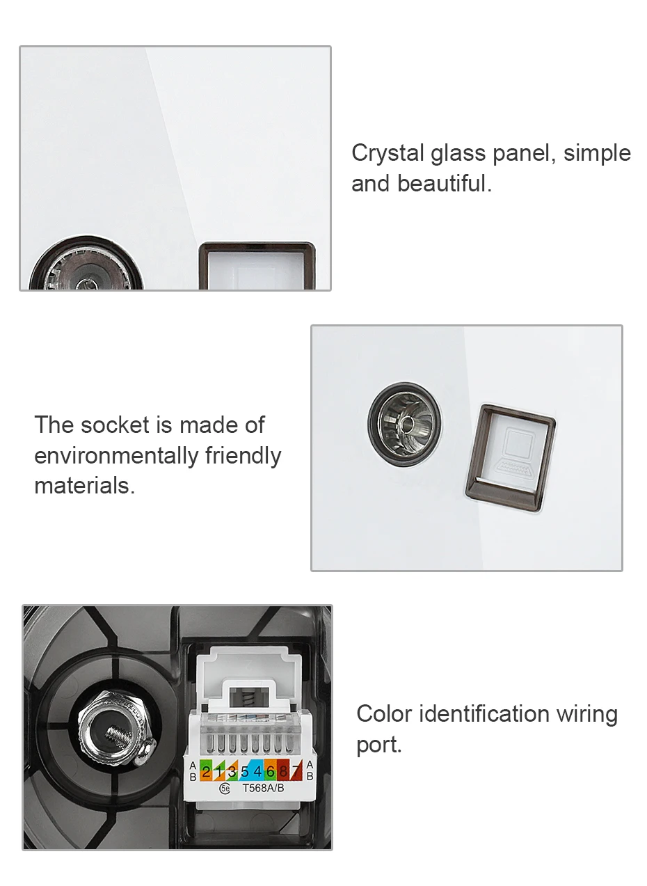 Minitiger Белый Роскошный Кристалл Закаленное стекло Панель RJ45 Интернет Джек с ТВ розетка настенные данные компьютерная розетка