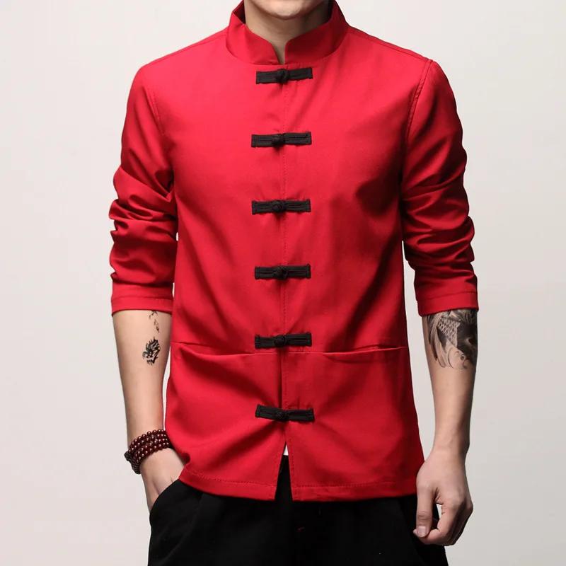 Mens Traditional Chinese Clothing Spring Autumn Solid Tang Suit Men Kung Fu Tai Chi Master Costume Male Tops Jackets CN-003
