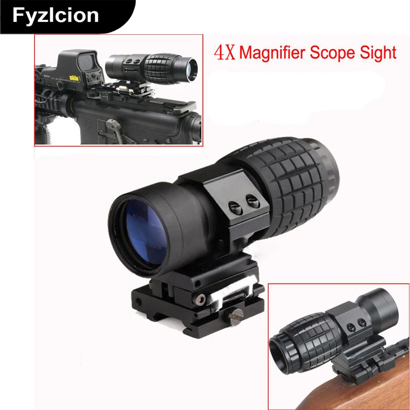 

Hunting Tactical Airsoft Picatinny Weaver Rail Mount 4X Magnifier Scope Sight Agnifying Focus Adjusted With Flip Up Mount Scope