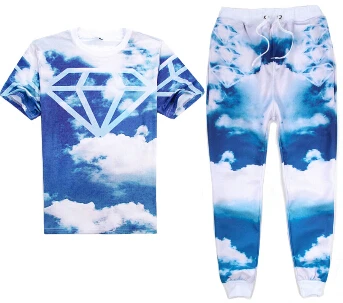 

Summer style Blue sky white cloud diamonds Print 3d t shirt+joggers men/woman emoji joggers hip hop sweatpants 2 piece set R2148