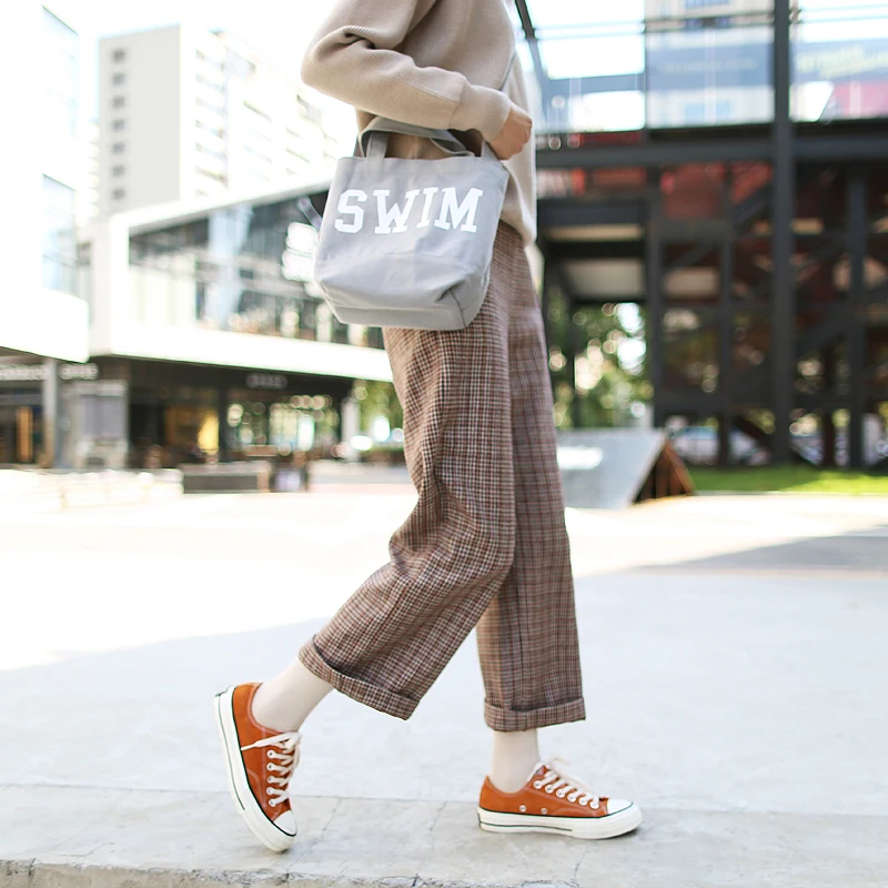 

Thickened Tweed Fine Woolen Plaid Female Autumn and Winter High Waist Straight Tube Chic Loose Smoke Trousers Red Navy