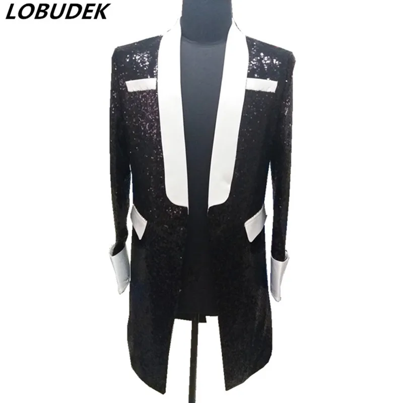 Long sequins Blazer jacket Spring Designer Fashion Men Casual Wild Leopard Splicing Link Fence prom party singer dancer Costume | Мужская