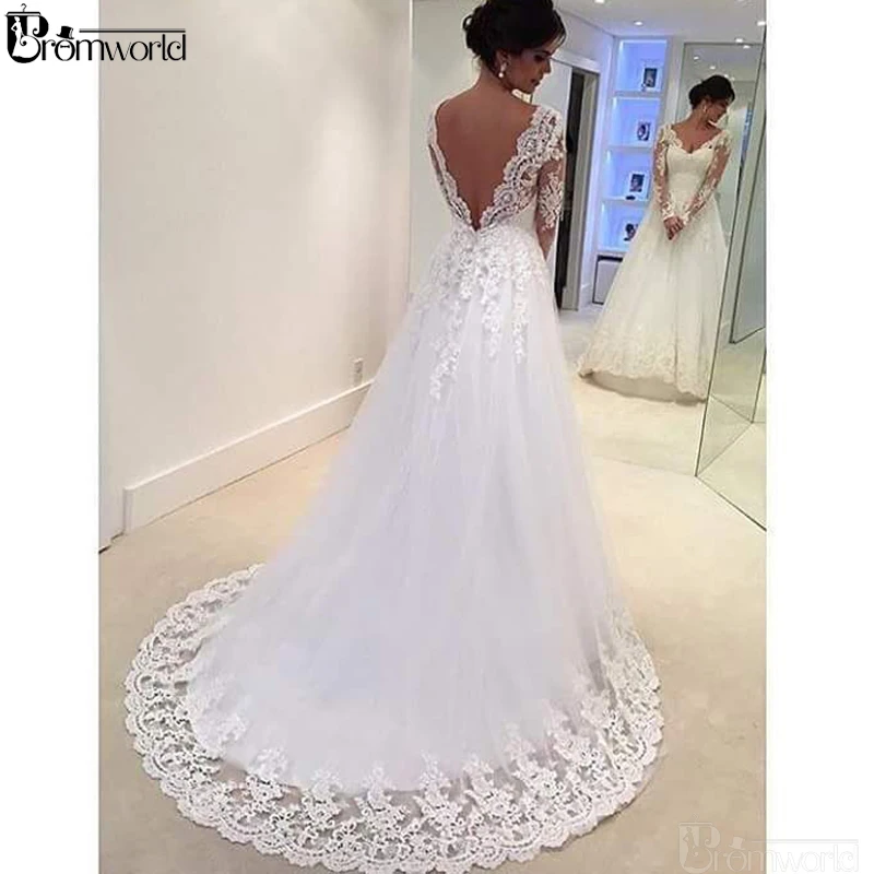 Элегантные кружевные свадебные платья Vestido De Noiva аппликации v-образным вырезом платье для невесты без спинки Иллюзия длинное свадебное платье с рукавами