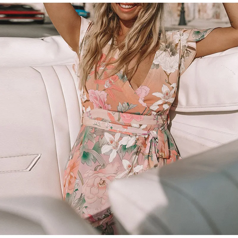 Bikinx винтажное пляжное платье с цветочным принтом, женское пляжное платье с v-образным вырезом и оборками, женская пляжная одежда, летняя Новинка, модное платье