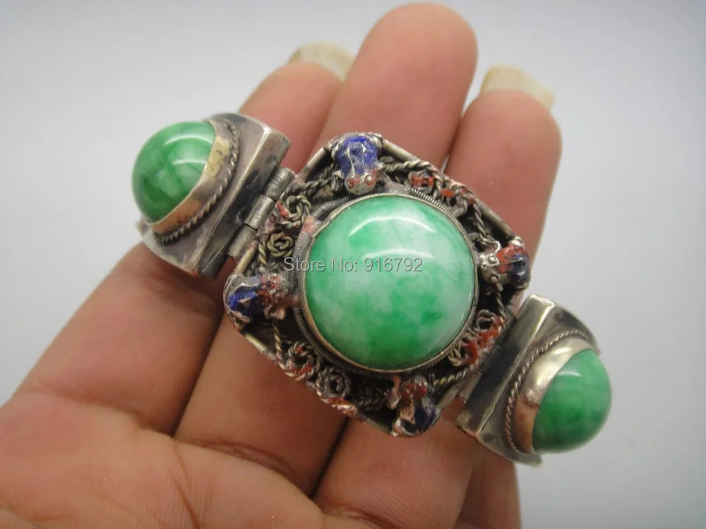

free P&P HU632 >>Collectible Old tibet-silver handwork inlay natural green jade bead bracelet