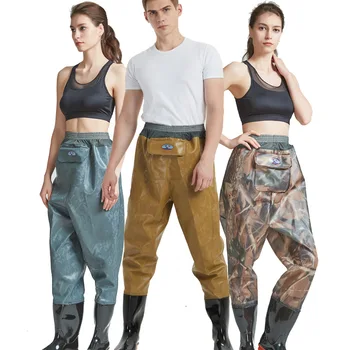 0.85mm Thickness Pocket Fishing Waders Camouflage Waterproof PVC Knitted Fabric Waist Mesh Breathable Fishing Waders Pants Boots