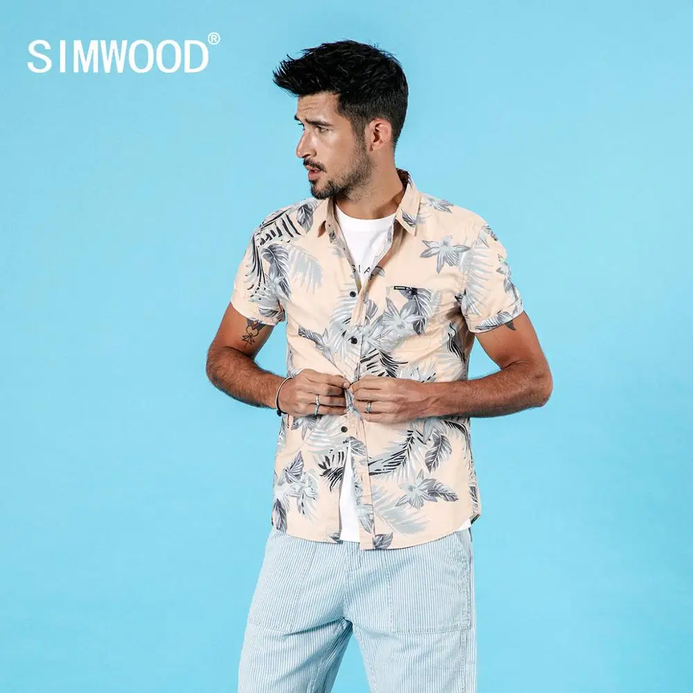 Cena SIMWOOD 2019 letnie nowe hawaje z krótkim rękawem koszule męskie mężczyźni wakacje 100% bawełniane oddychające bluzka w roślinny wzór plus rozmiar odzieży 190263