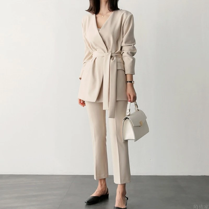 

Beige ladies suit jacket and 9 pants work pants women suit 2 sets of office ladies suit women's spring new Women 2 Pieces /Set