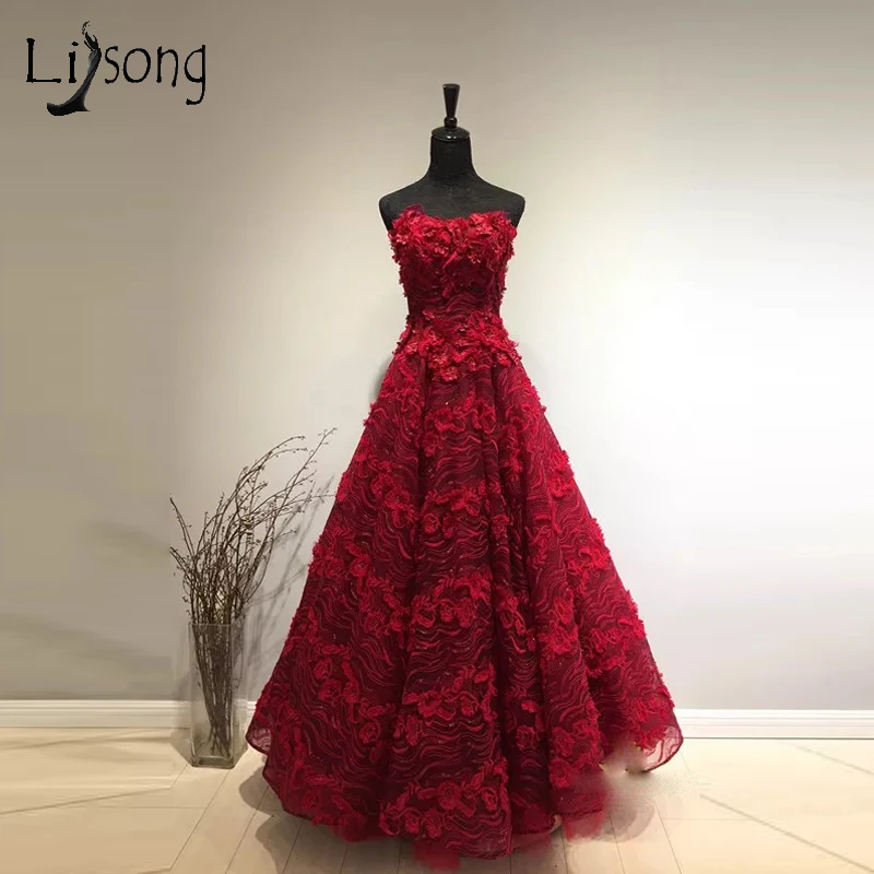 

High End Red 3D Flower Long Prom Dresses Lace Pearls Crystal A-line Abiye Prom Dresses Dubai Formal Party Dress Vestido Longo