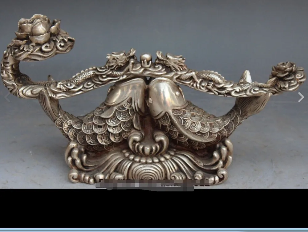 

wan6710958+++16" Chinese Silver Carving Wealth 100 Fu Money Yuanbao Dragon Fish Ru Yi Statue