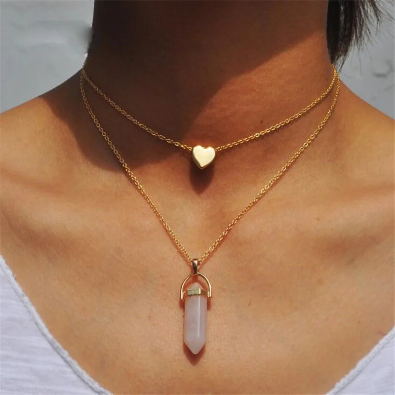 Estilo chique Opala Natural Pedra Coração Gargantilha Colares Para As Mulheres Cadeia Pingente de Colar de Moda Jóias de Cristal da Cor do Ouro Do Vintage