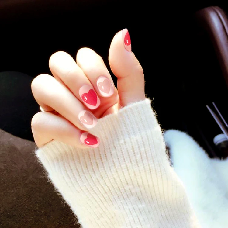 

Cute love pattern false nails french pure color lovely Japanese fake nails short size full nail tips lady Bride Nail art makeup
