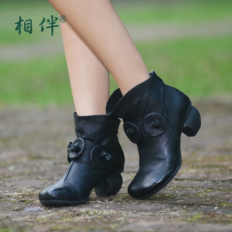 Genuine Leather Handmade Women Boots Black High Heels Female Boots Ankle Shoes Personality Women Zip Boots