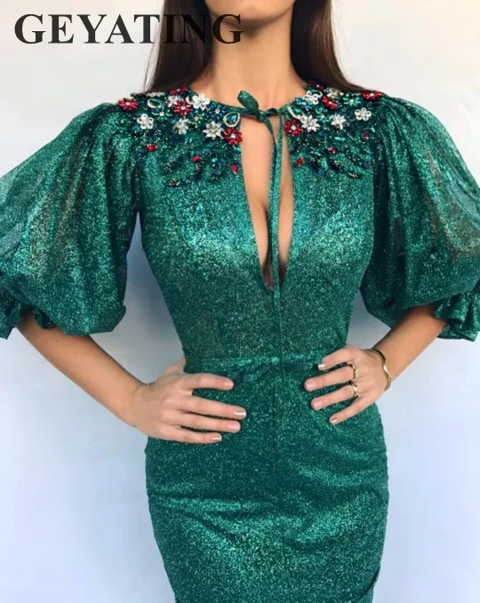 

Glitter Sequin Emerald Green Mermaid Evening Dress with Puff Sleeves Front Split Keyhole Long Formal Prom Dresses 2019 Crystal