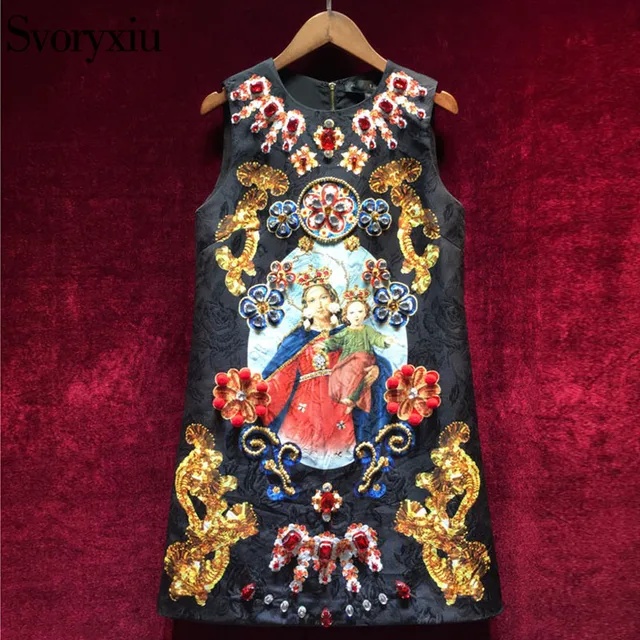 Svoryxiu Vintage Black Mini Dress Women's Sleeveless luxurious Diamonds Our Lady Print Ladies Party Runway Dress 2018 1