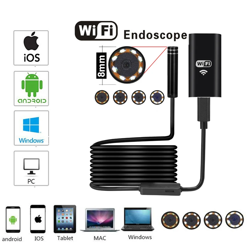 New Arrival 7M WIFI Android Endoscope 8LED 8mm Lens Mini Micro Camera USB HD720P 2MP For Iphone Borescope Pipe Inspection | Электроника