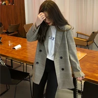 Biurowa, damska karbowany kołnierzyk Plaid kobiety Blazer podwójne piersi jesienna kurtka 2020 casualowe kieszenie damskie garsonki płaszcz 4