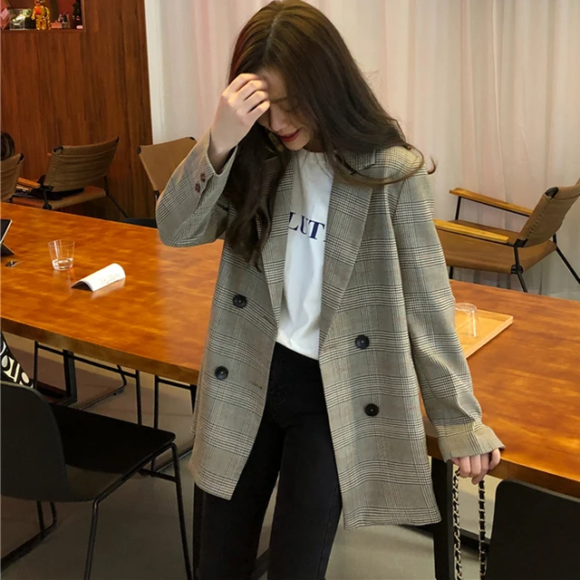 Biurowa, damska karbowany kołnierzyk Plaid kobiety Blazer podwójne piersi jesienna kurtka 2020 casualowe kieszenie damskie garsonki płaszcz 4