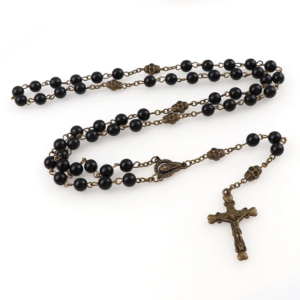 ABS черные жемчужные четки кулон череп ожерелье сплав крест кулон в форме Креста с Иисусом религиозное ожерелье s Модные религиозные украшения