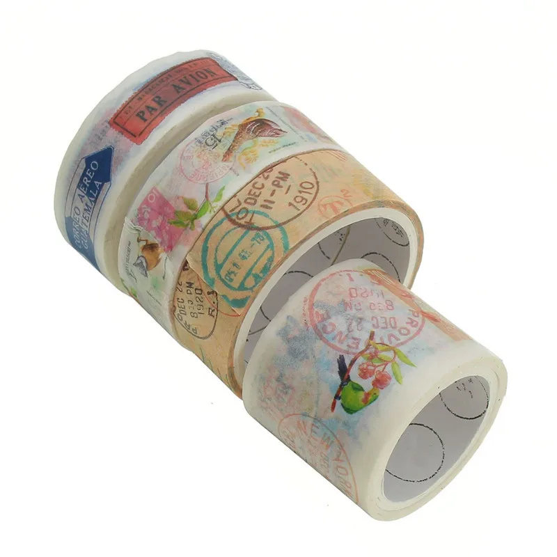 

Kicute 4 Rolls Vintage Travel Stamp Masking Tape Book Decor Scrapbooking Card Adhesive Tape Decorative Paper Sticker Craft Gifts