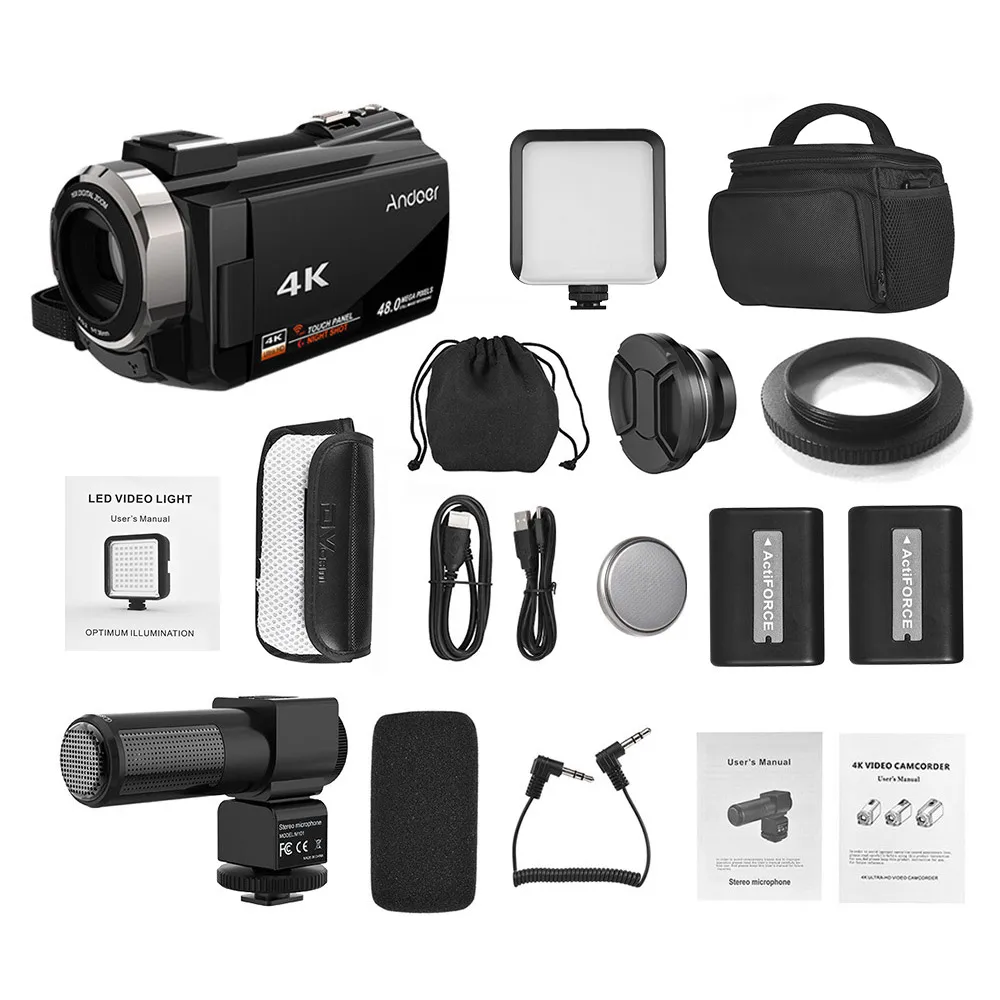 Andoer 4K Camcord 1080P 48MP WiFi цифровая видеокамера с 0.39X широкоугольным макрообъективом +