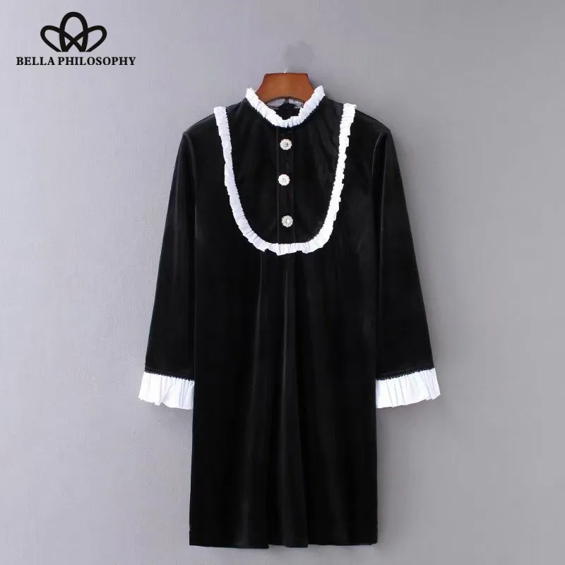 Wonder 2018 new vintage white pleated ruffles patchwork velvet straight mini dress female chic vestidos casual slim party dress