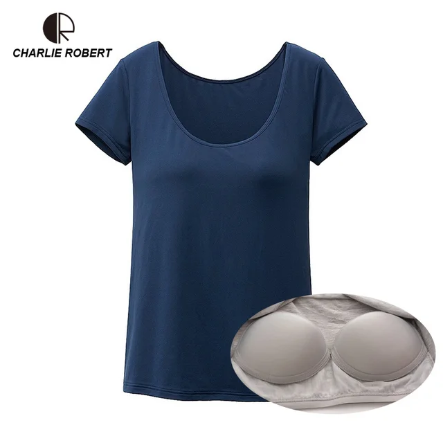 CR NEW 2018 Summer Women Modal T shirt Built In Bra Padded