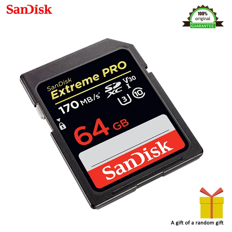 Двойной флеш-накопитель SanDisk Extreme PRO SDXC UHS-I 64 Гб Высокое Скорость слот для карт памяти C10 U3 V30 SD Камера Class 10 170 МБ/с - Емкость: 64GB