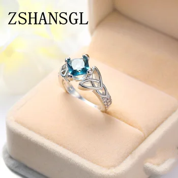 

Luxury Princess Cut Hollow-out Blue CZ Ring with Micro Paved Clear Zircon 3 Layers High Polished Women Fashion Wedding Rings