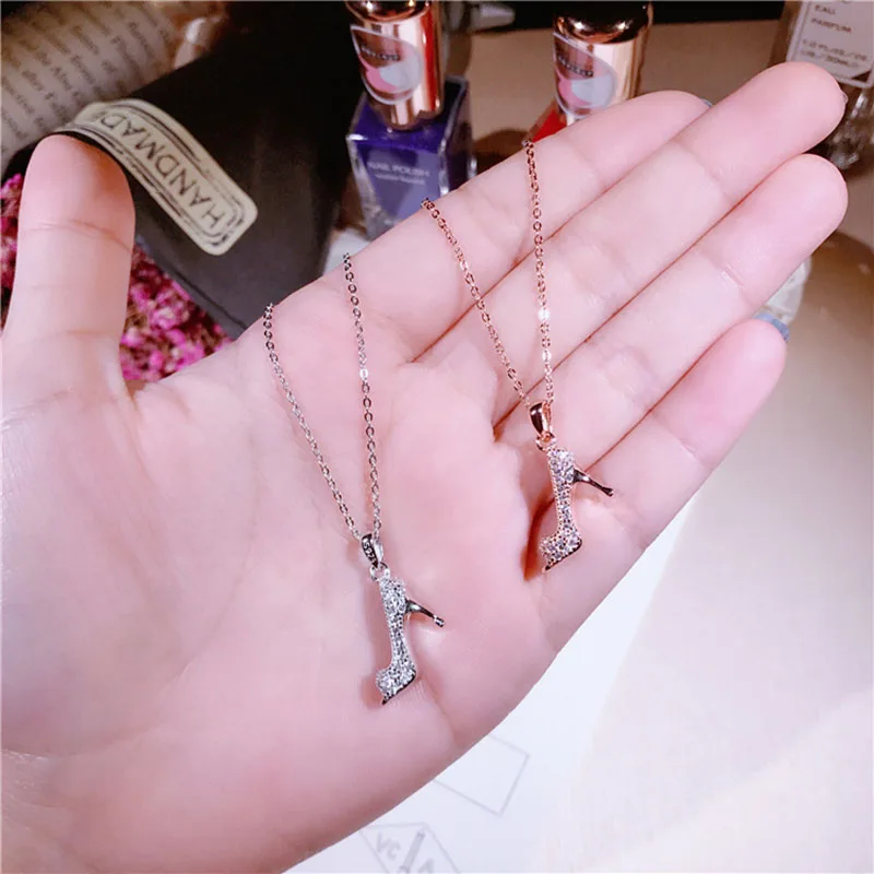 

2018 Simple S925 Sterling Silver Beautiful High Heels Inlaid Zircon Necklace Summer Clavicle Chain Feminine Jewelry Accessories