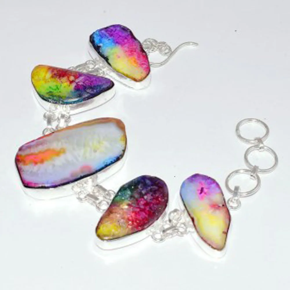 

Multi Color Solar Quarts Bracelet Silver Overlay over Copper, 21.7cm , B3346