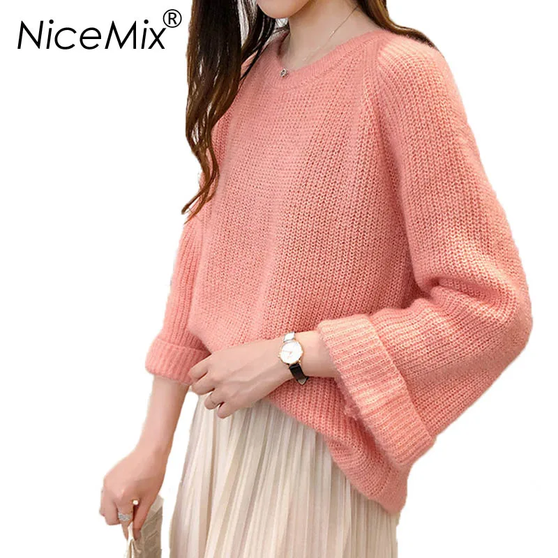 

NiceMix 2019 Winter Ladies Loose Pullovers Casual Solid O-neck Sweater Womens Warm Knitted Pullovers Jumper Tops