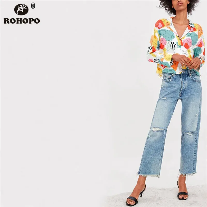 

ROHOPO Autumn Female Lantern Long Sleeve Pullover Blouse Vogue Printed Animals Cartoon Vintage High Low Blouses #OYK9711