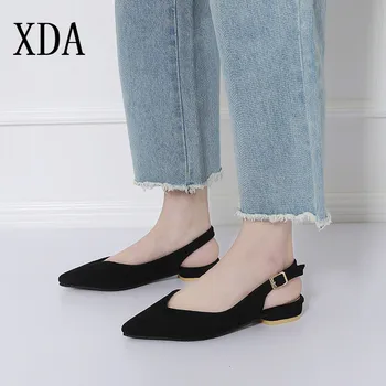 

XDA 2019 Fashion Black women shoes elegant Buckle Flock Women Casual single Shoes Pointed Toe Slingbacks Lady Spring Shoes D99