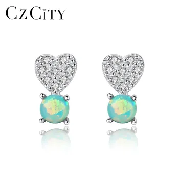 

CZCITY Cute Small Round Opal Heart Zircon Stud Earrings for Women Three Colors Natural Fire Opal Earrings Silver 925 Jewelry
