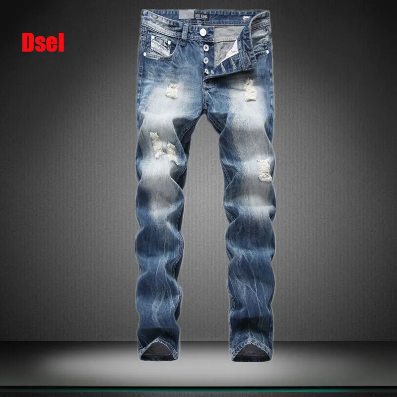 

High Quality Dsel Brand Men Jeans Straight Fit Ripped Jeans For Men White Washed Distressed Jeans Homme Size 29-40