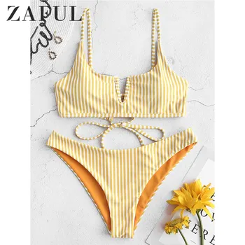 

ZAFUL Bikini Reversible Swimwear Women V-Wired Tie Striped Bikini Set Spaghetti Straps Striped Swim Suit Lace Up Bathing Suit